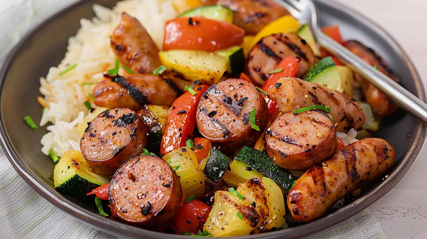 10 Minute Air Fryer Chicken Sausage and Veggies