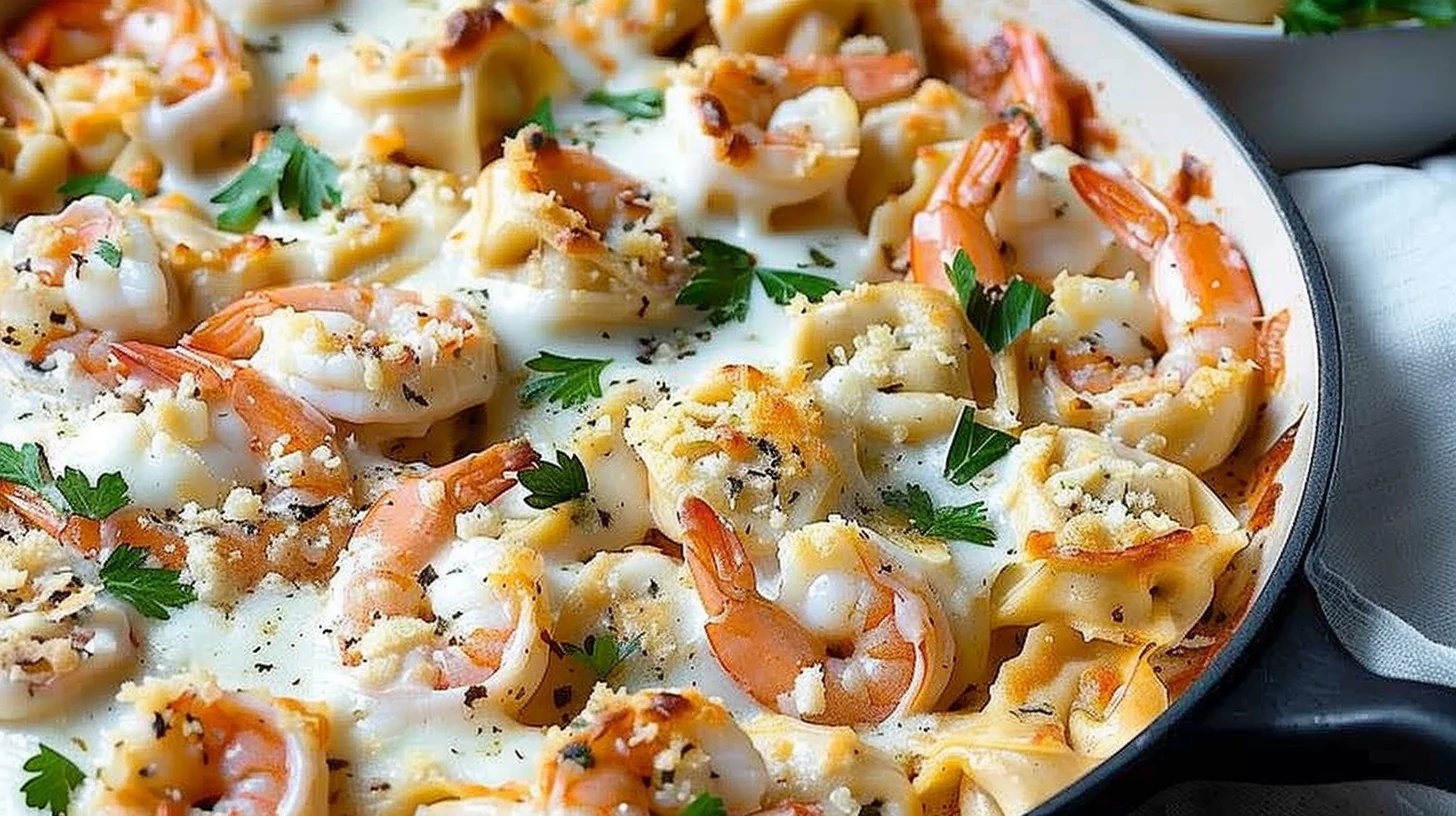 Baked Shrimp Alfredo Tortellini With Garlic Herb Crust