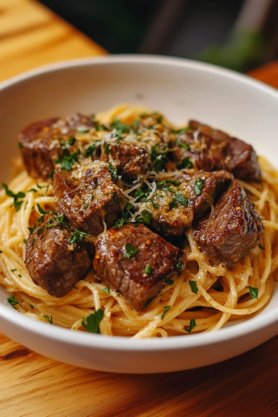Garlic Steak Bites with Creamy Pasta