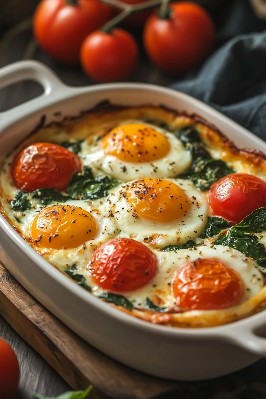 Feta Eggs Cooked with Tomatoes and Spinach