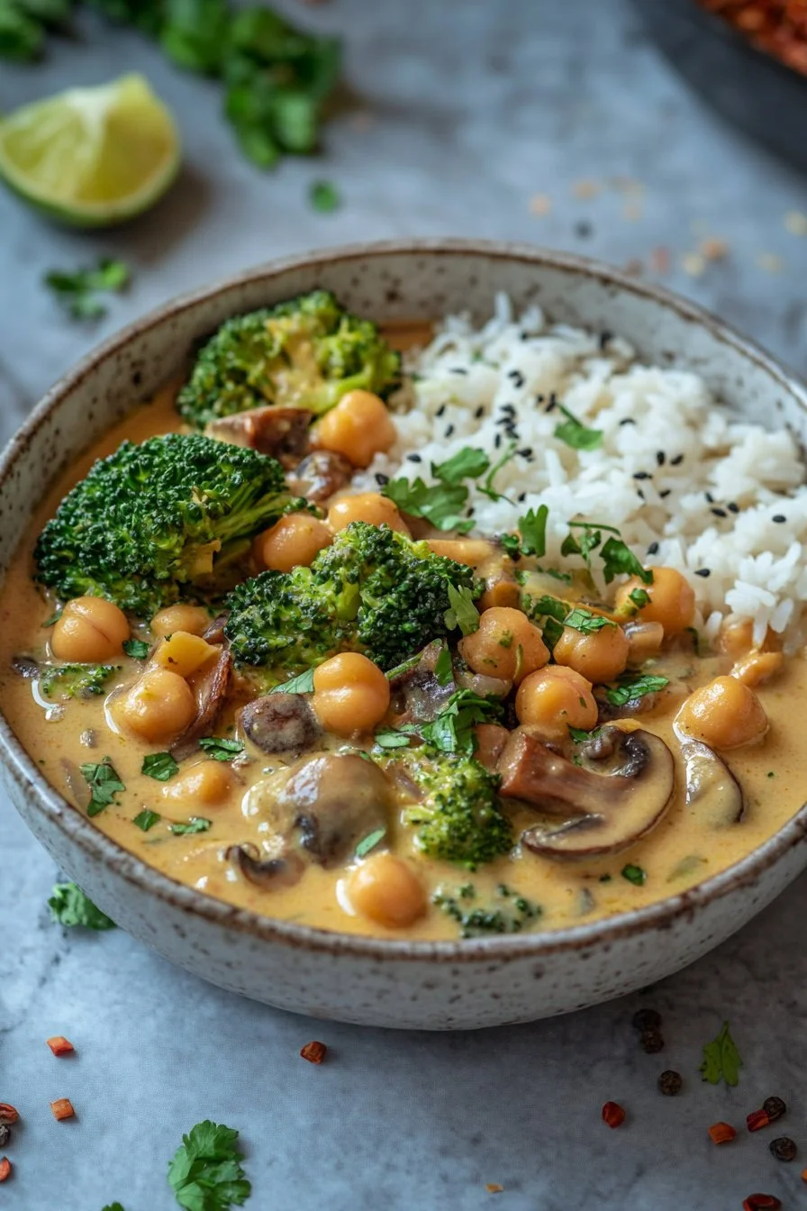 Broccoli, Chickpea, and Mushroom Curry in Coconut Milk