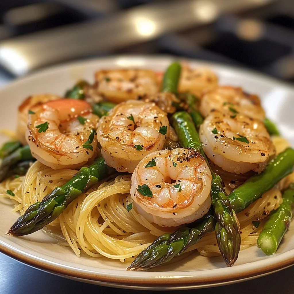 Plate of Asparagus Shrimp Angel Hair Pasta garnished with herbs and lemon.