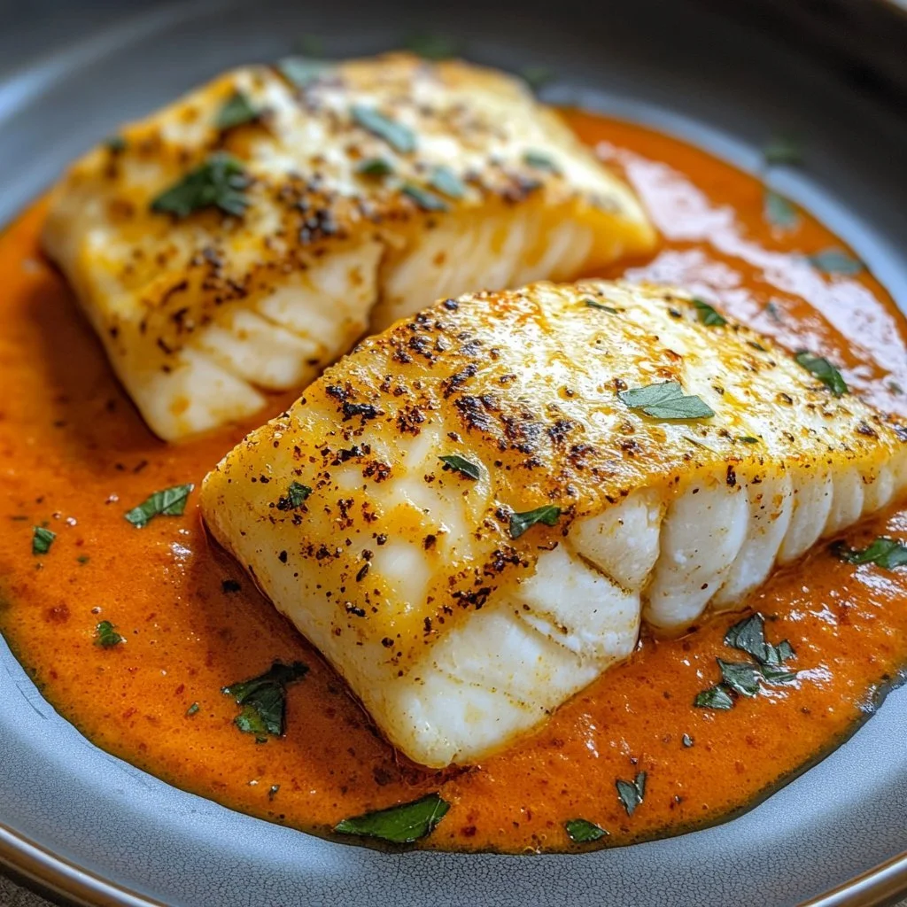 Baked cod fillet topped with creamy roasted red pepper sauce on a plate