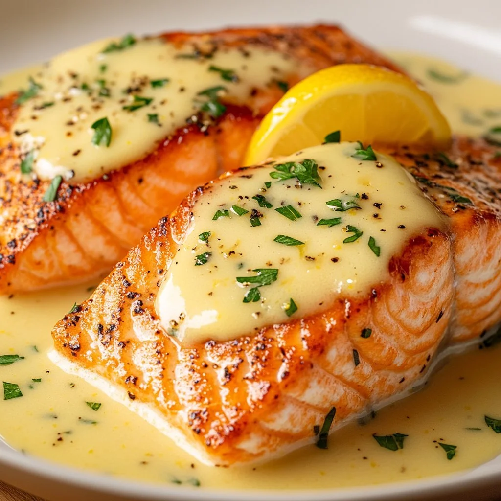 Delicious baked salmon fillet with lemon butter cream sauce garnished with herbs