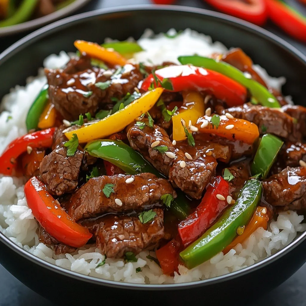 Delicious beef sauté served with fresh vegetables and herbs
