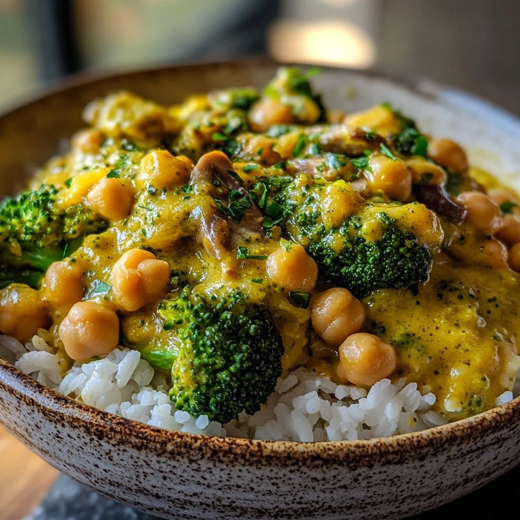 Broccoli, chickpea, and mushroom curry in creamy coconut milk served in a bowl