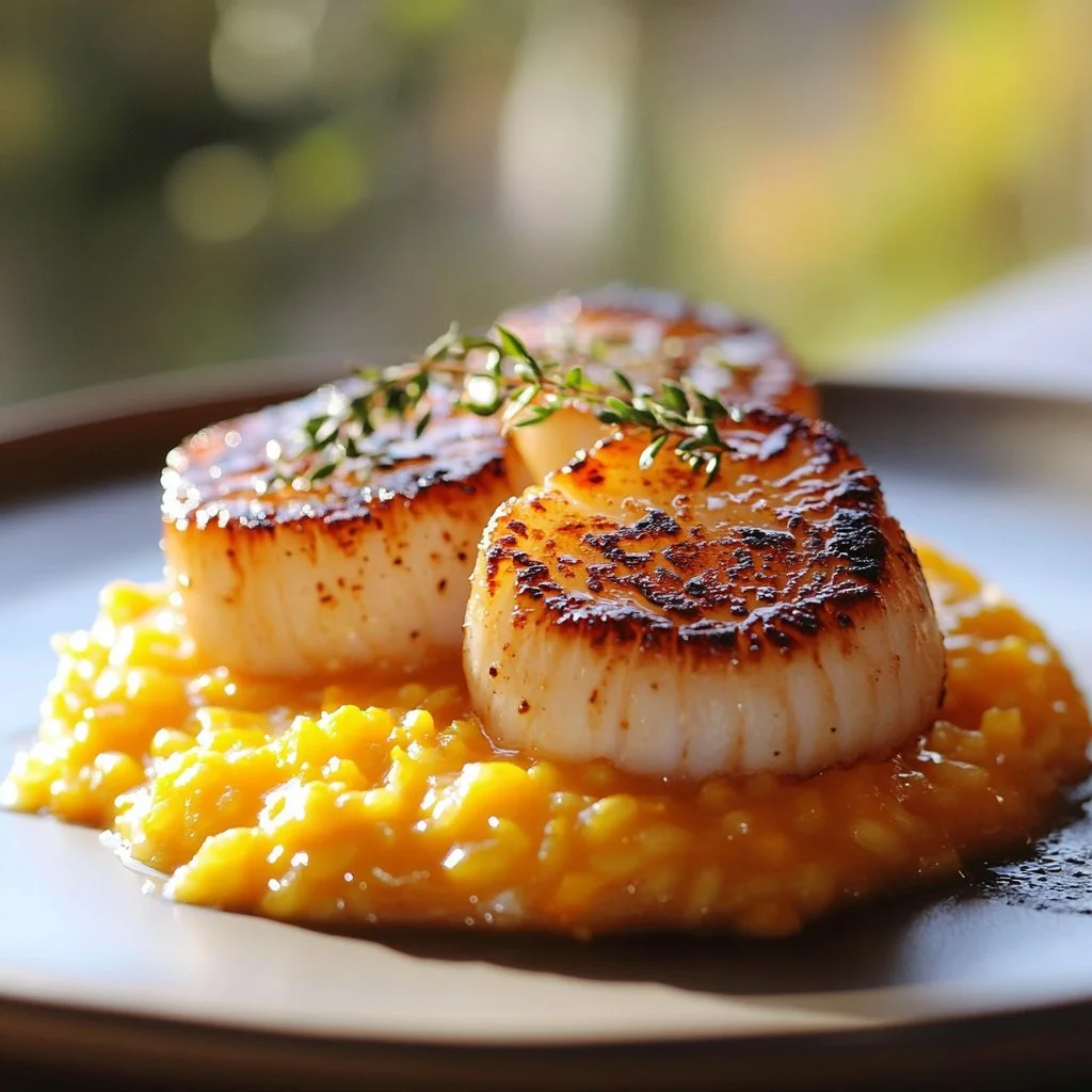 Delicious brown butter scallops served with butternut squash risotto on a plate