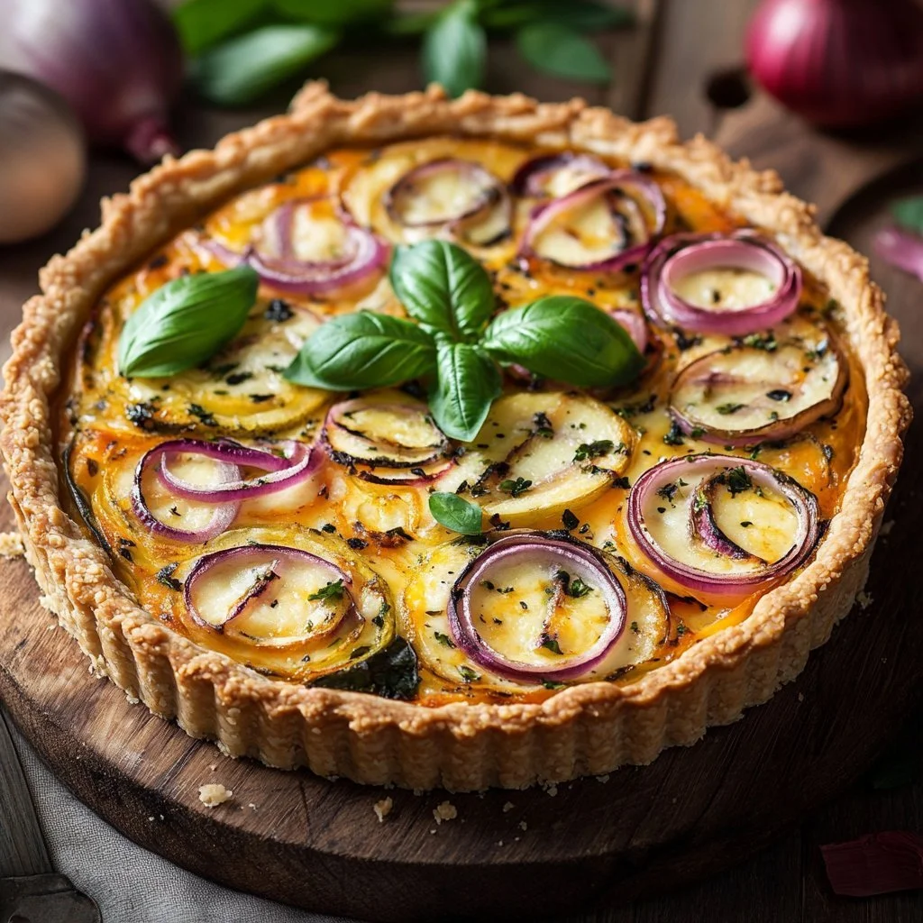 Delicious cauliflower and red onion quiche served on a plate