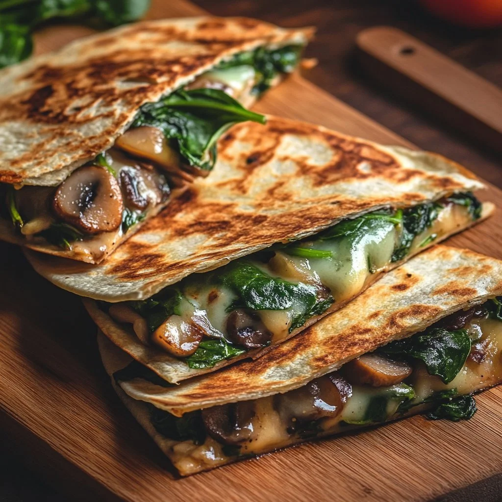 Cheese, spinach, and mushroom quesadillas plated with fresh ingredients