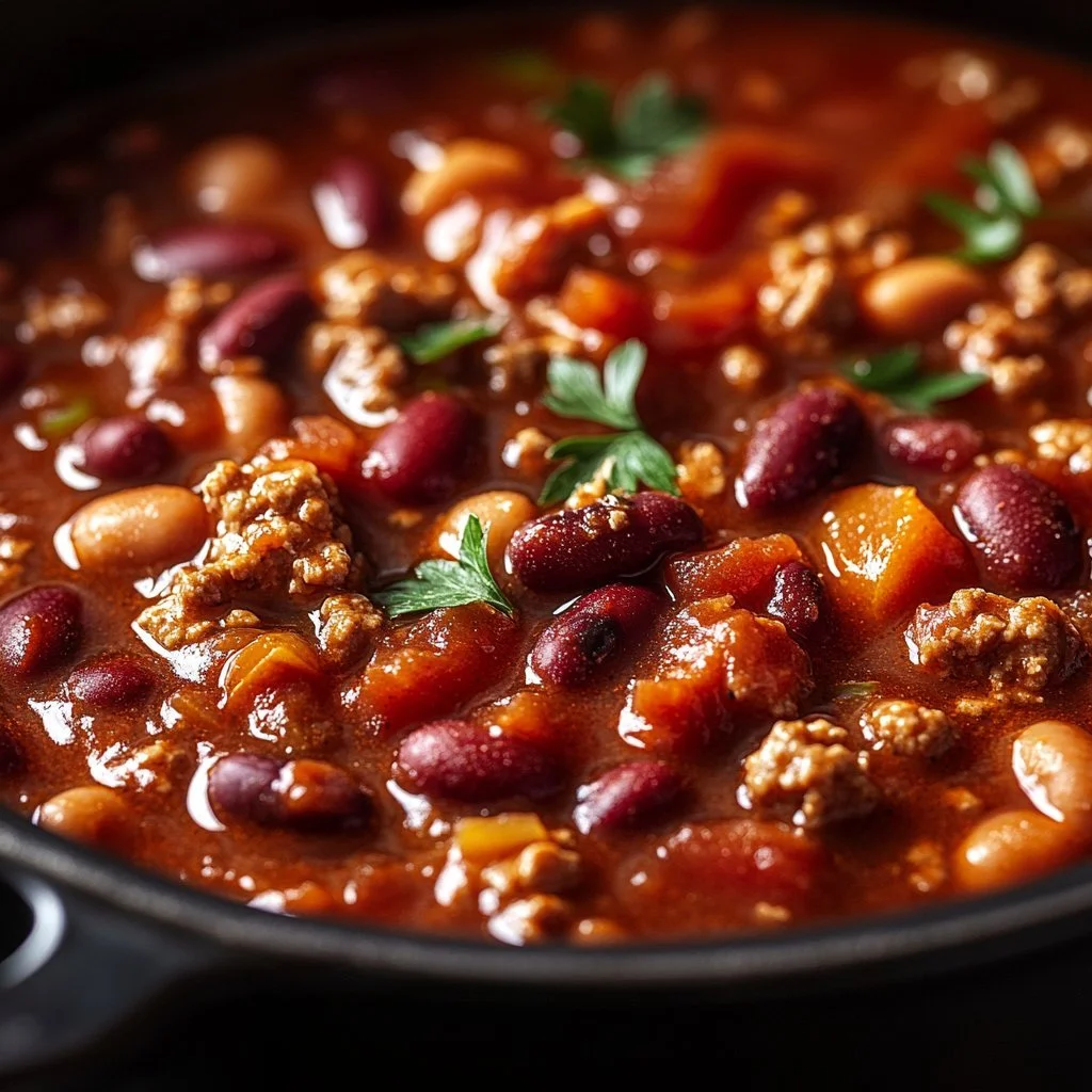 Bowl of hearty chili with meat garnished with herbs and served with bread