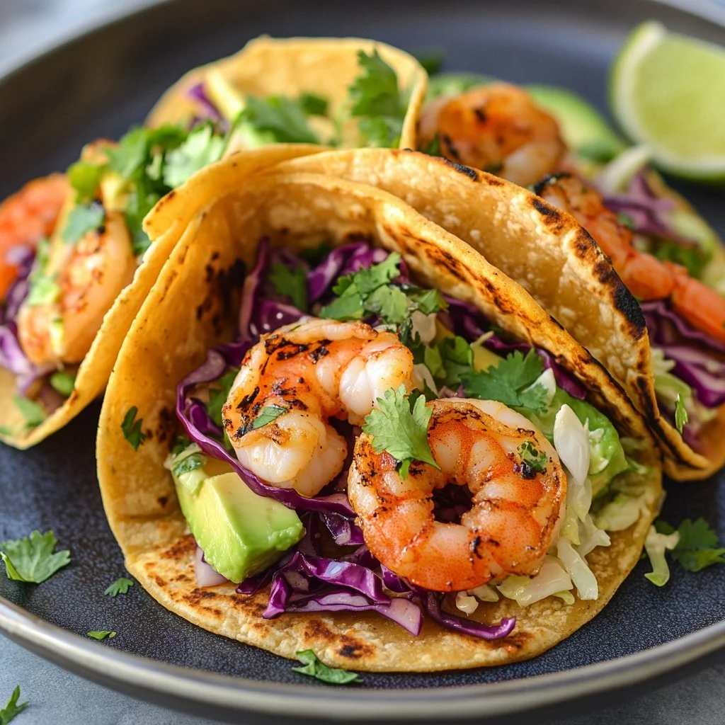 Delicious cilantro lime shrimp tacos with creamy slaw garnished with fresh cilantro