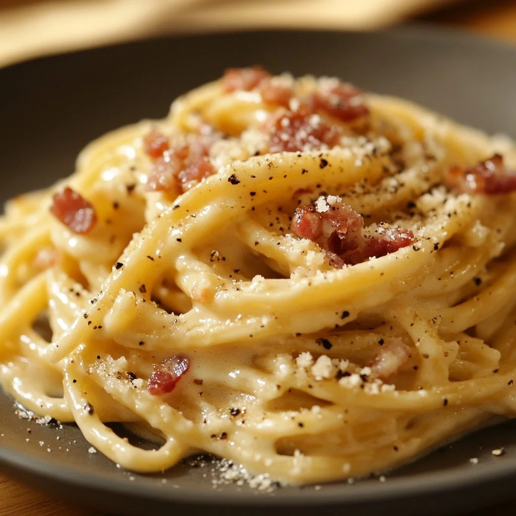 Plate of classic Italian Carbonara with crispy bacon and creamy sauce.