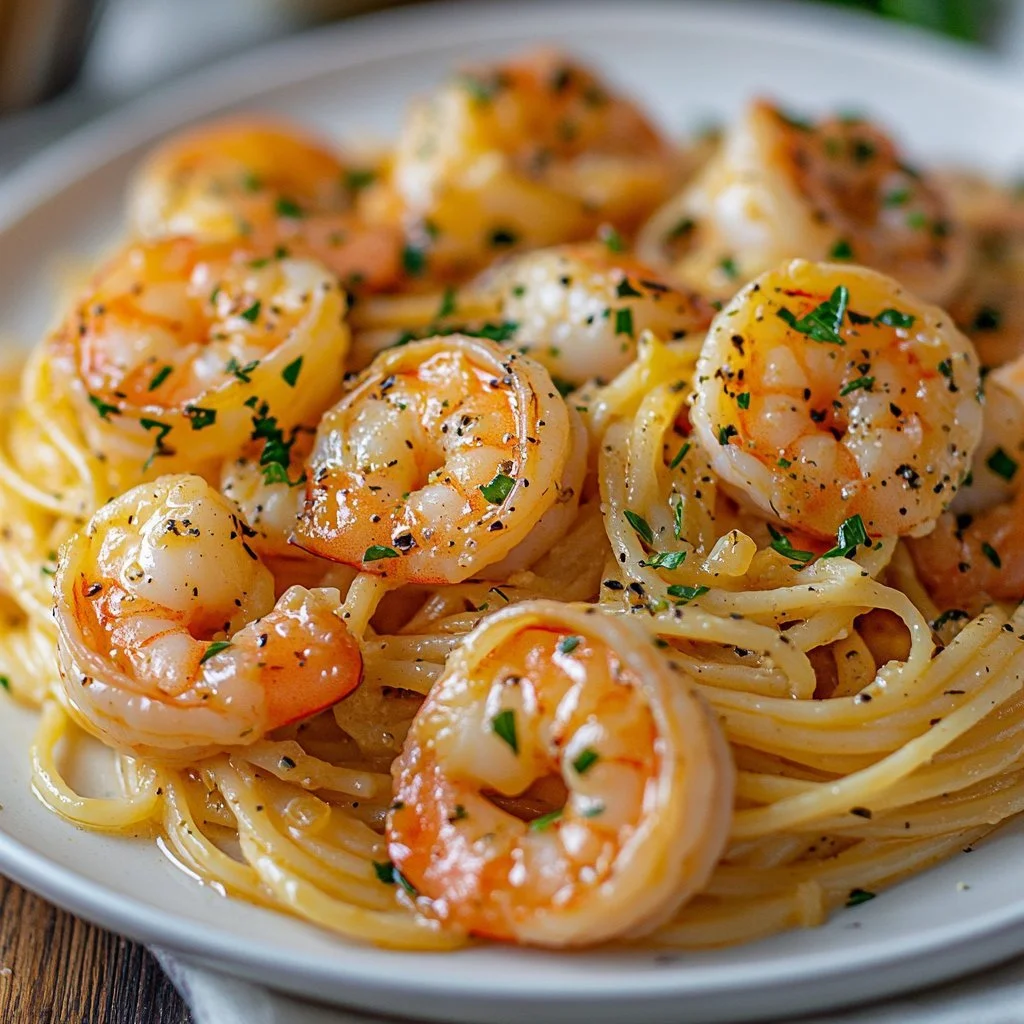 Plate of classic shrimp scampi with garlic and parsley garnish