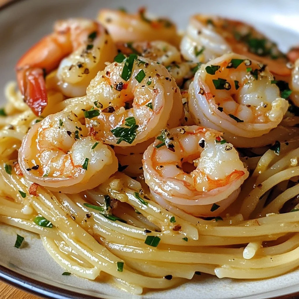 Delicious classic shrimp scampi served with garlic and herbs