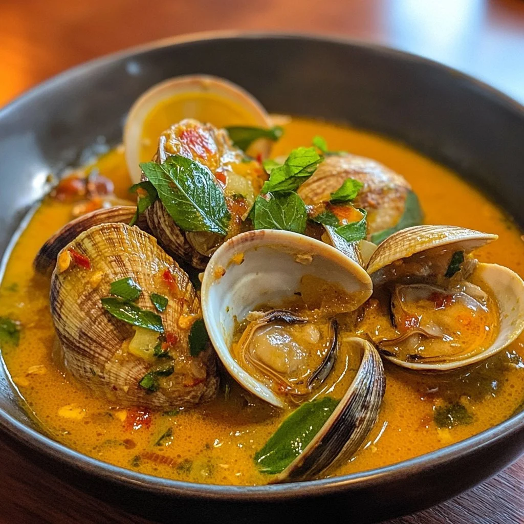 Coconut Broth Clams with Lemongrass served in a bowl garnished with herbs