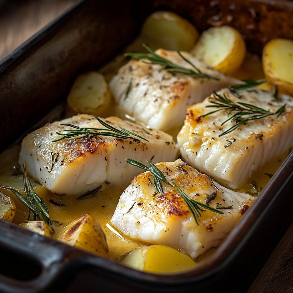 Delicious cod and potatoes in rosemary cream sauce served on a plate.