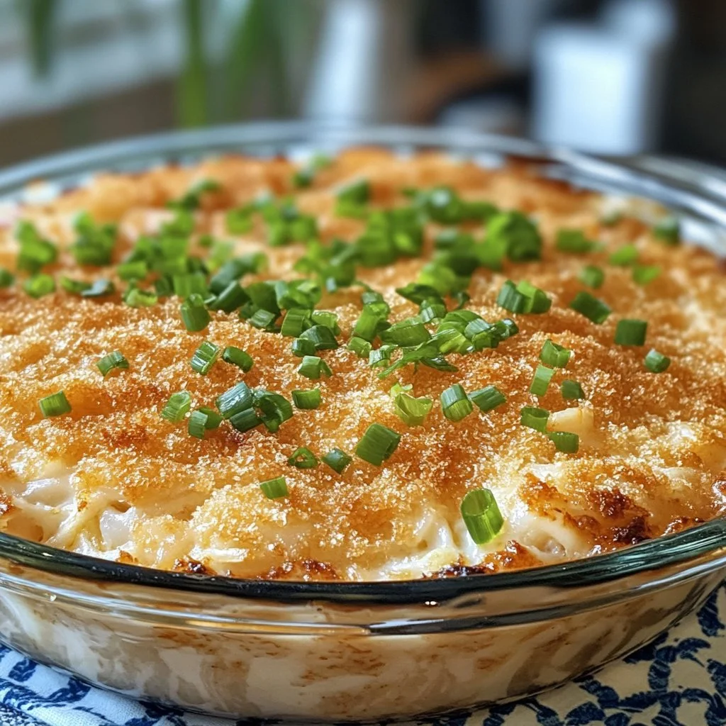 Delicious crab casserole topped with breadcrumbs and herbs, ready to serve.