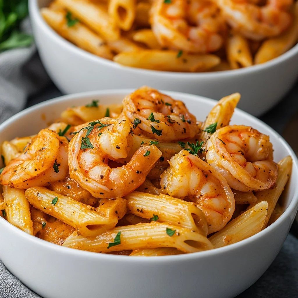 Creamy Cajun shrimp pasta with vibrant spices and succulent shrimp served in a bowl.