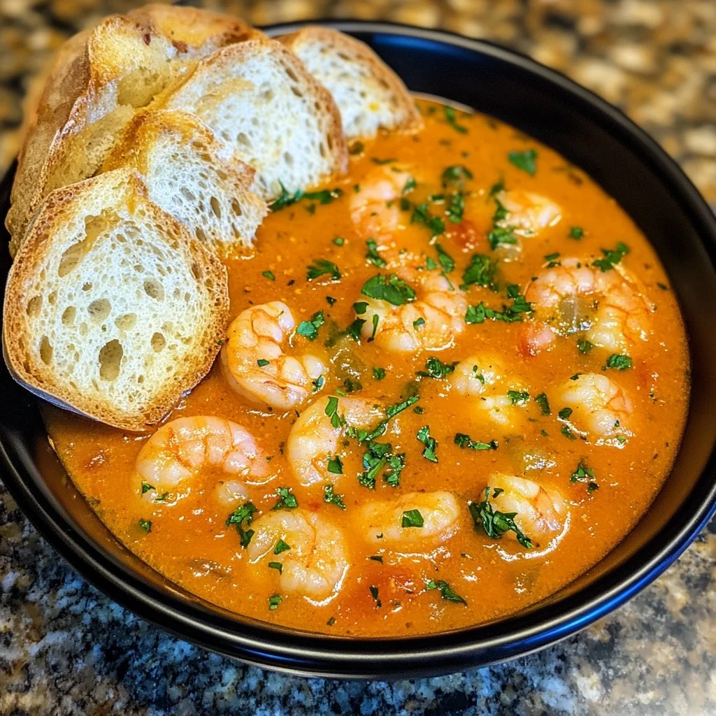 Creamy crab and shrimp seafood bisque served in a bowl with fresh herbs.