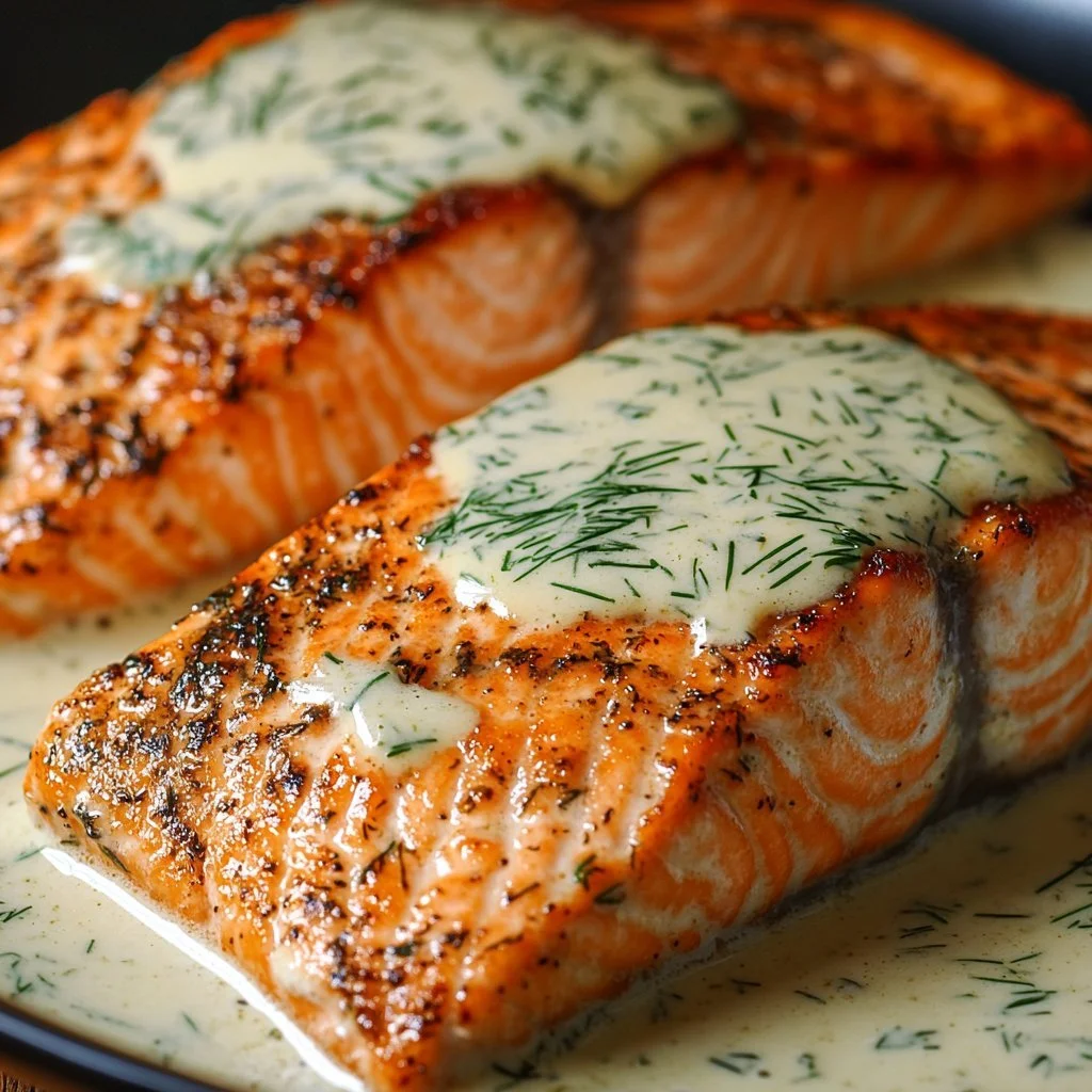 Creamy dill salmon dish garnished with herbs and lemon slice.