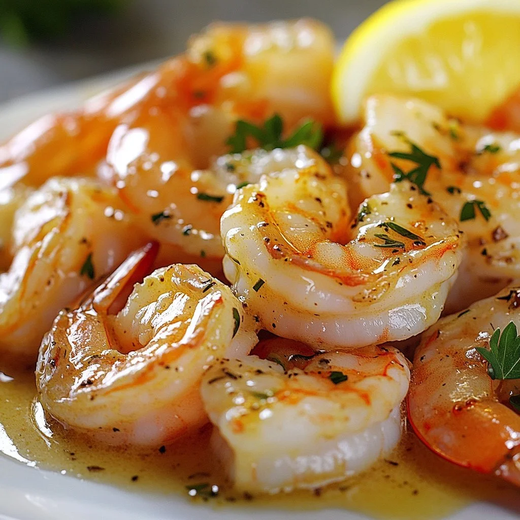 Plate of creamy garlic butter shrimp garnished with herbs.