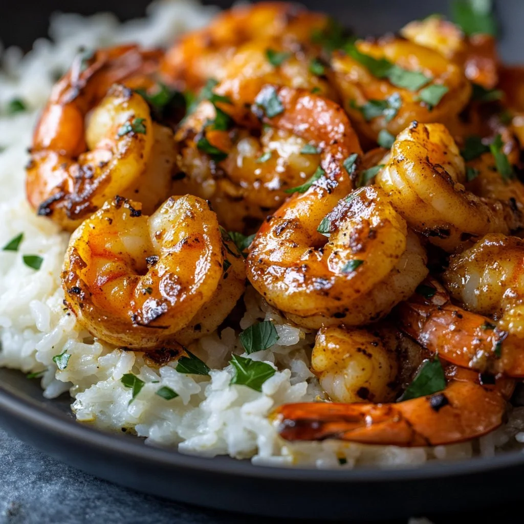 Delicious creamy garlic butter shrimp served with herbs and spices