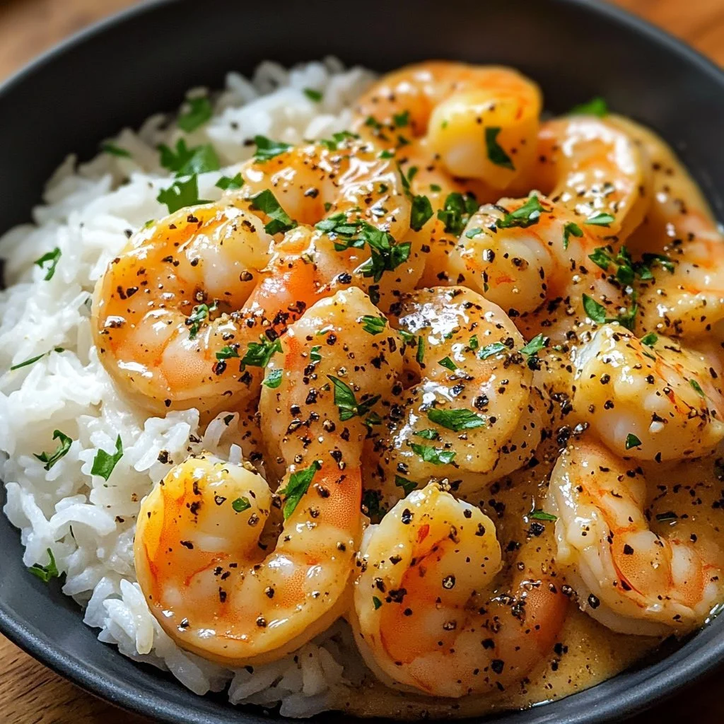 Creamy garlic butter shrimp dish with rice served in a bowl