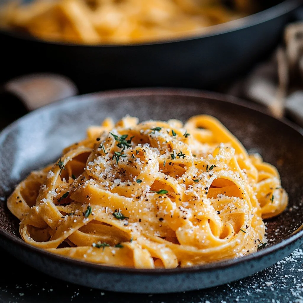 Creamy garlic pasta dish garnished with herbs and cheese