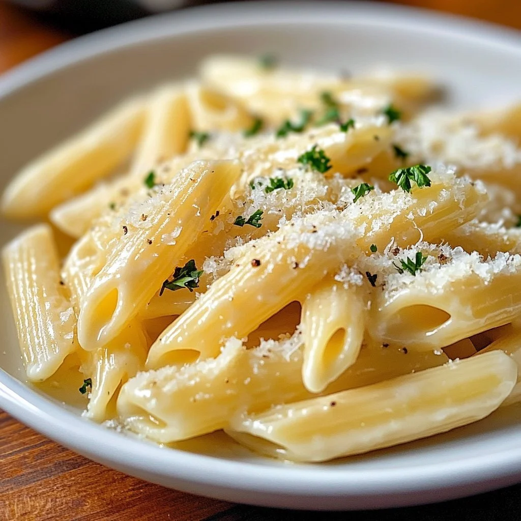 Creamy garlic pasta served in a bowl, garnished with parsley and parmesan.