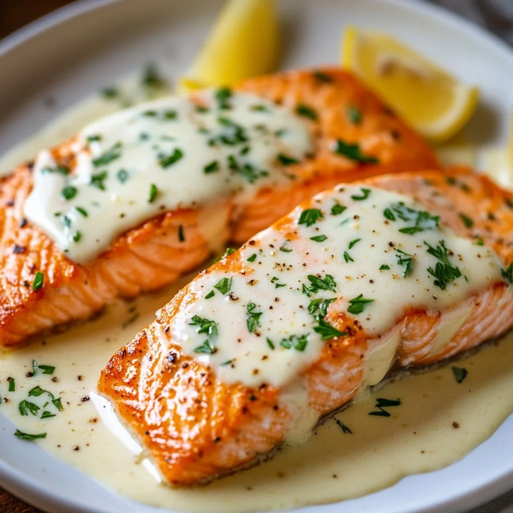 Creamy garlic salmon served with a fresh garnish