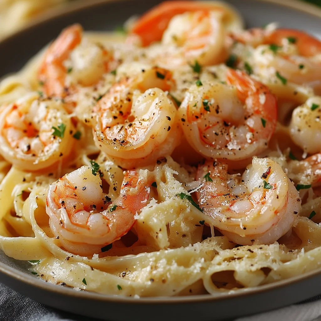Creamy garlic shrimp pasta served in a bowl, garnished with herbs.