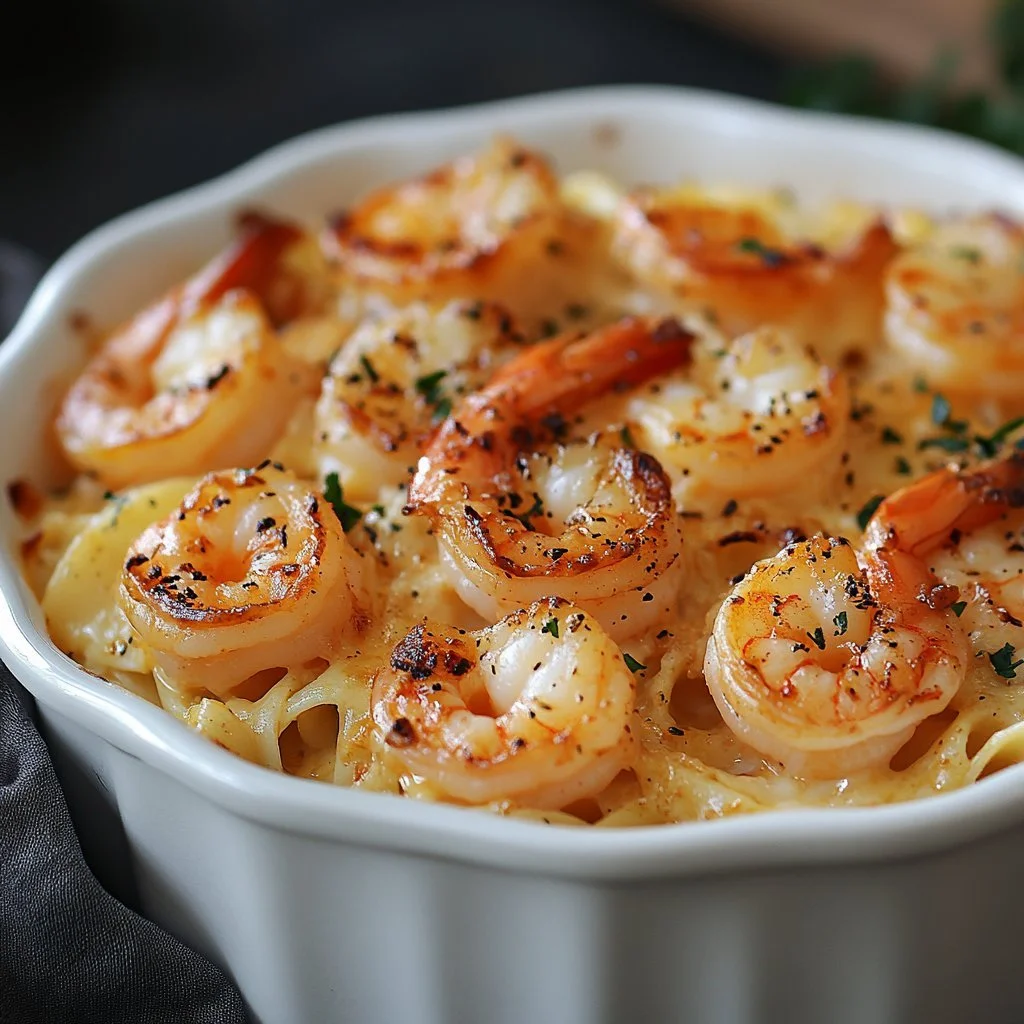 Creamy garlic shrimp pasta bake served in a casserole dish with garnished parsley.