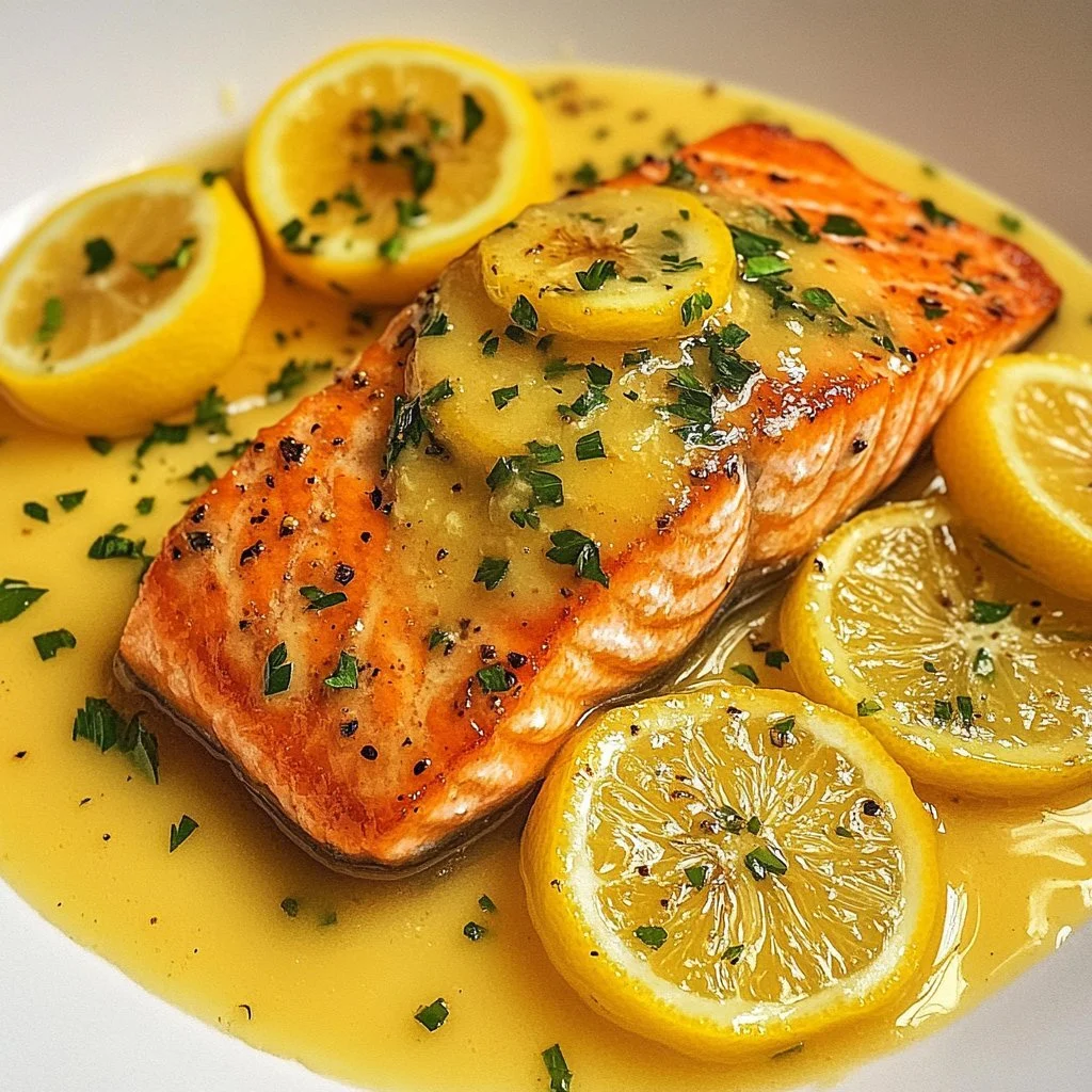 Creamy Lemon Garlic Salmon Piccata featuring a rich sauce and garnished with parsley.