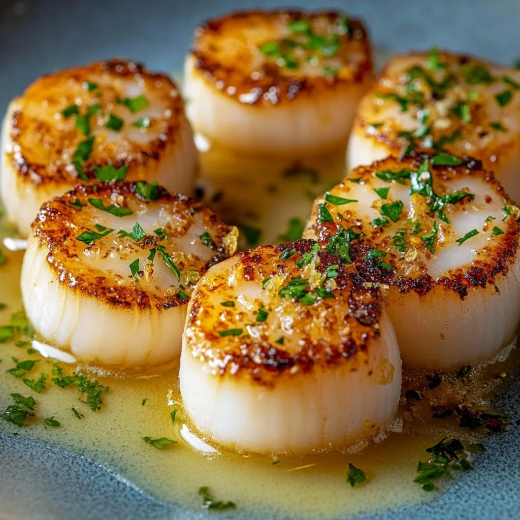 Creamy lemon garlic scallops served with fresh herbs and lemon wedges.