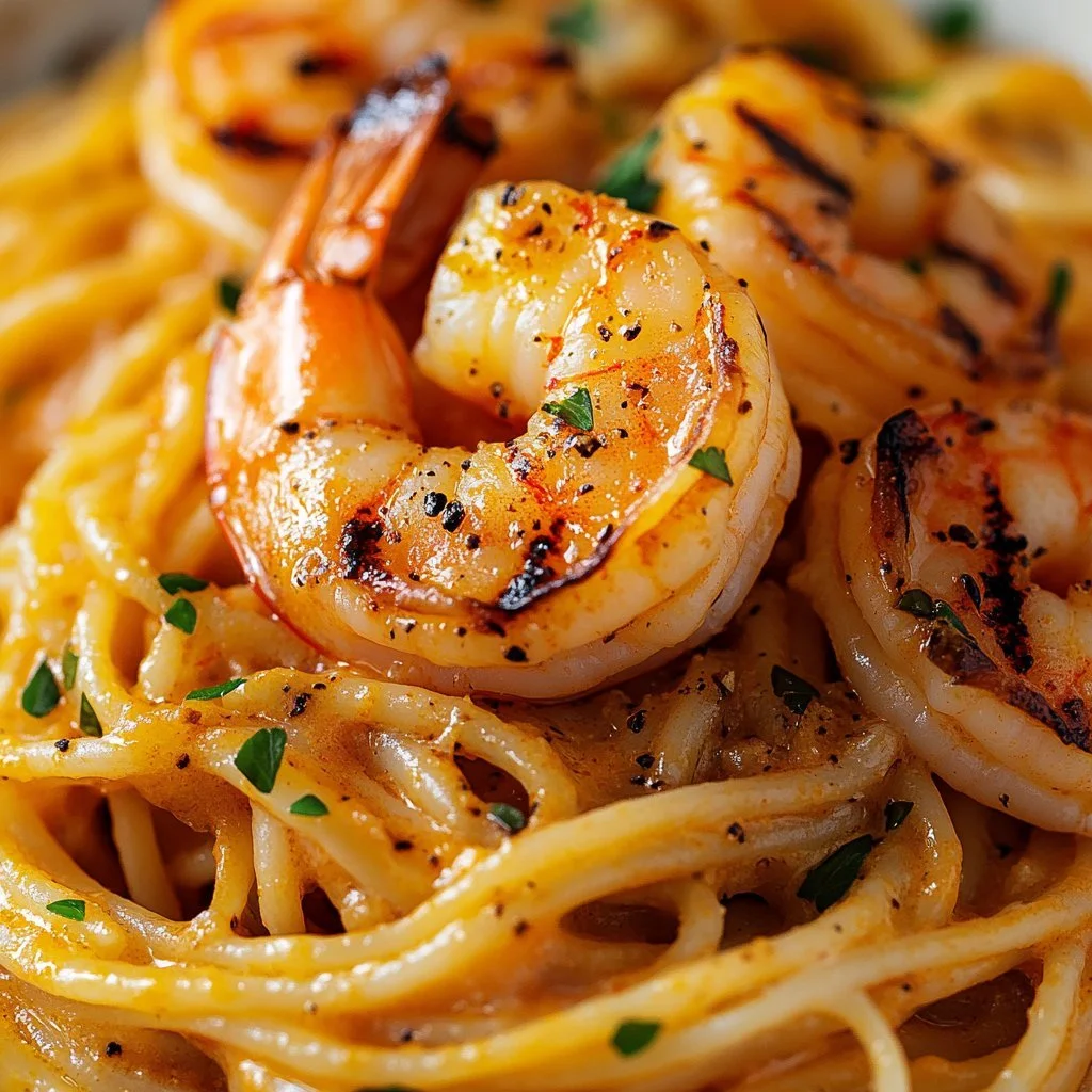 Creamy linguine with shrimp served in a bowl, garnished with parsley.