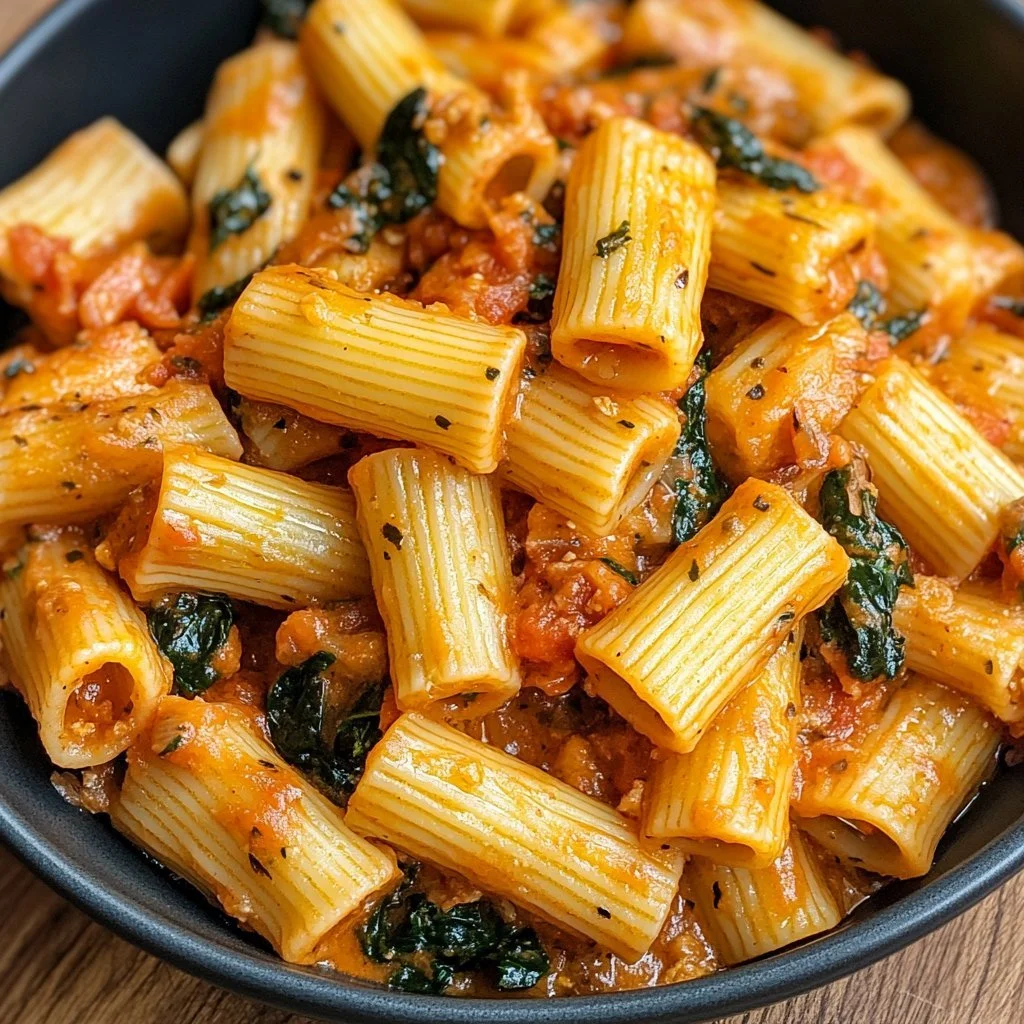 Creamy rigatoni pasta dish with sausages and fresh spinach