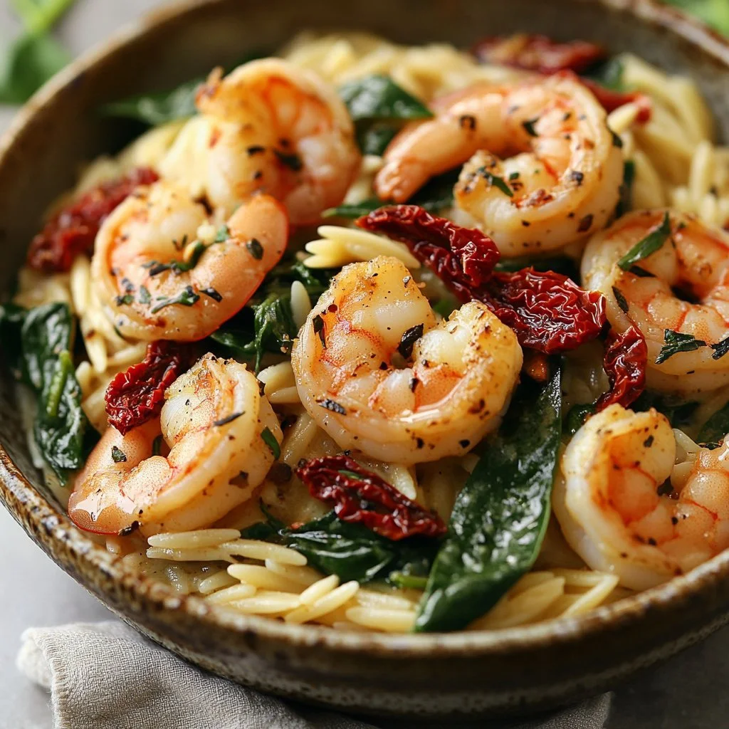 Creamy Tuscan shrimp orzo dish garnished with herbs and cherry tomatoes