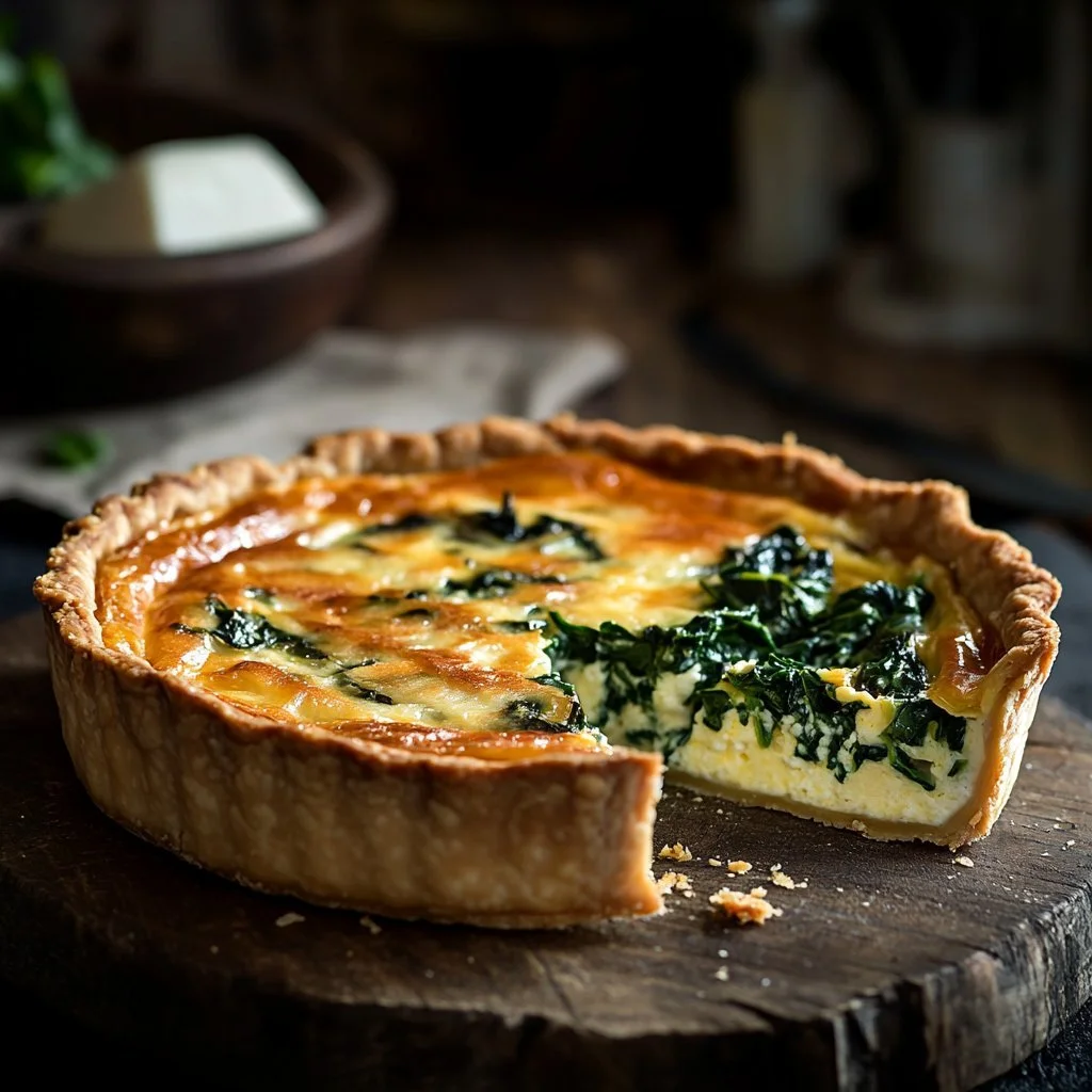 Slice of crustless quiche with cottage cheese and spinach on a plate