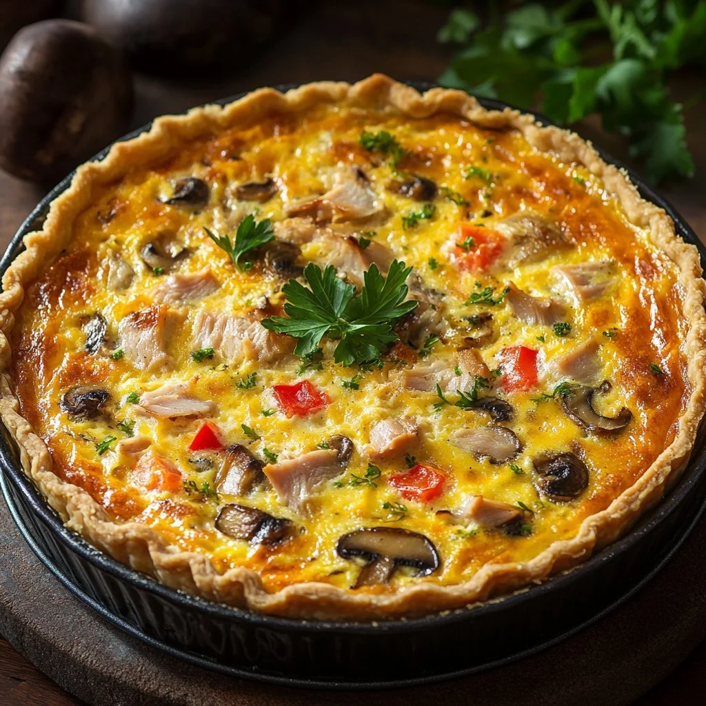 Crustless tuna and mushroom quiche on a plate, garnished and ready to serve.