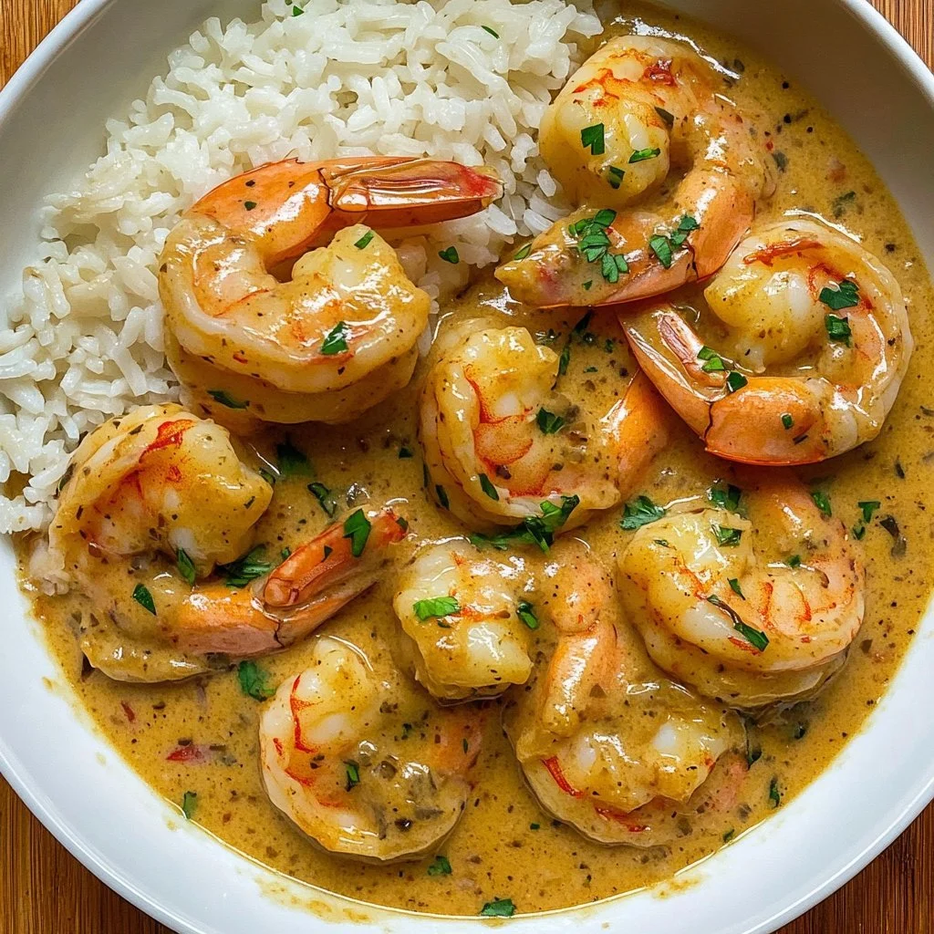 Plate of easy creamy garlic shrimp garnished with parsley