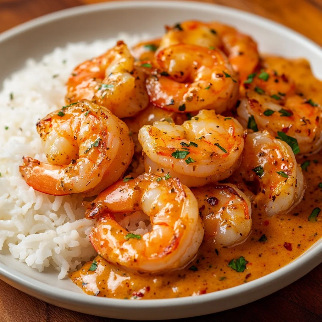 Plate of easy creamy garlic shrimp garnished with parsley