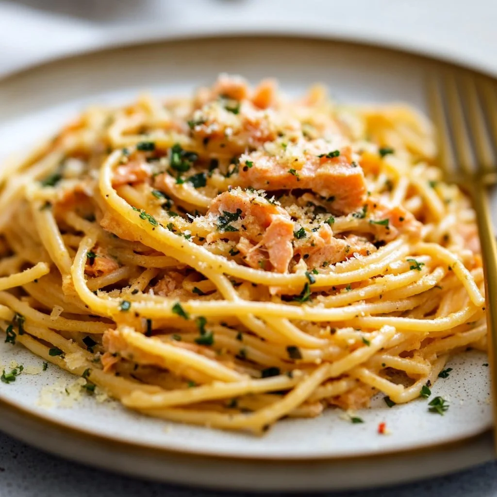 Plate of easy salmon pasta with fresh herbs and cherry tomatoes