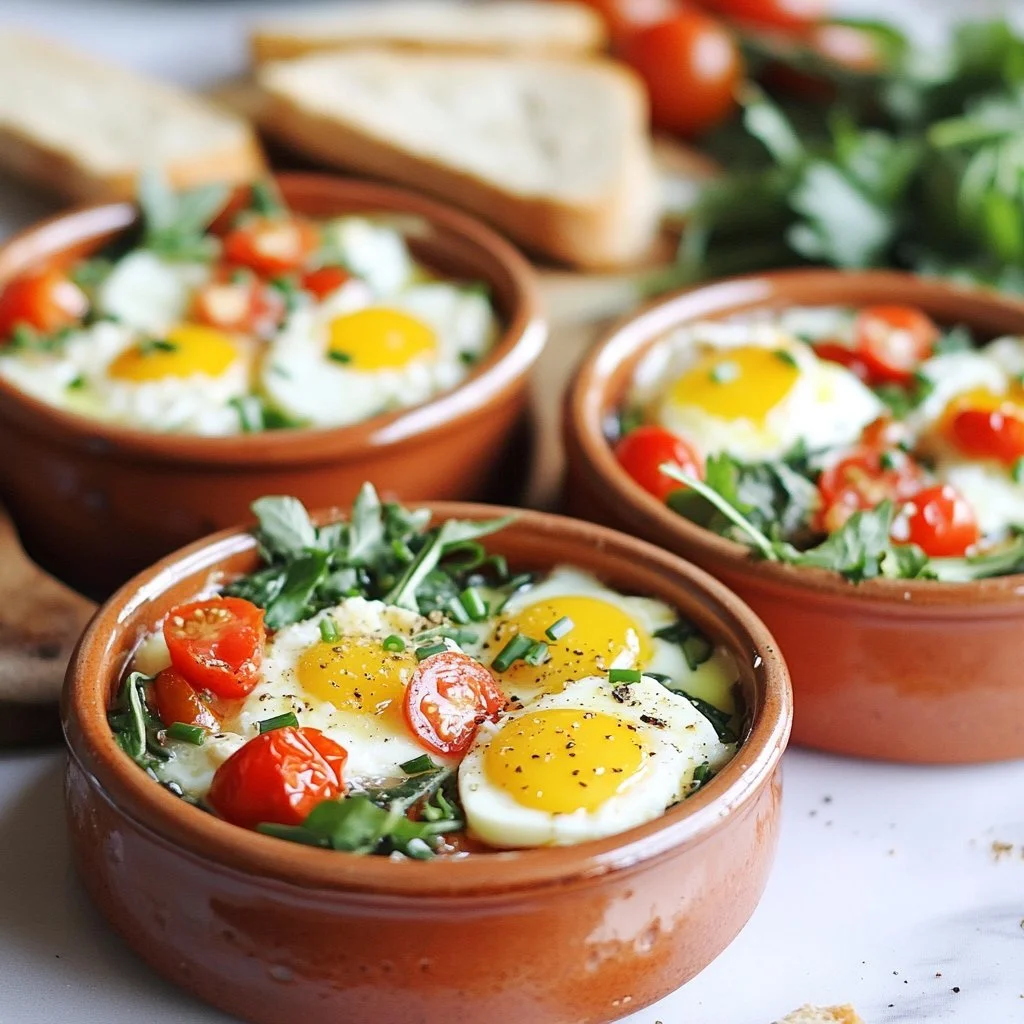 Feta eggs cooked with tomatoes and spinach in a skillet