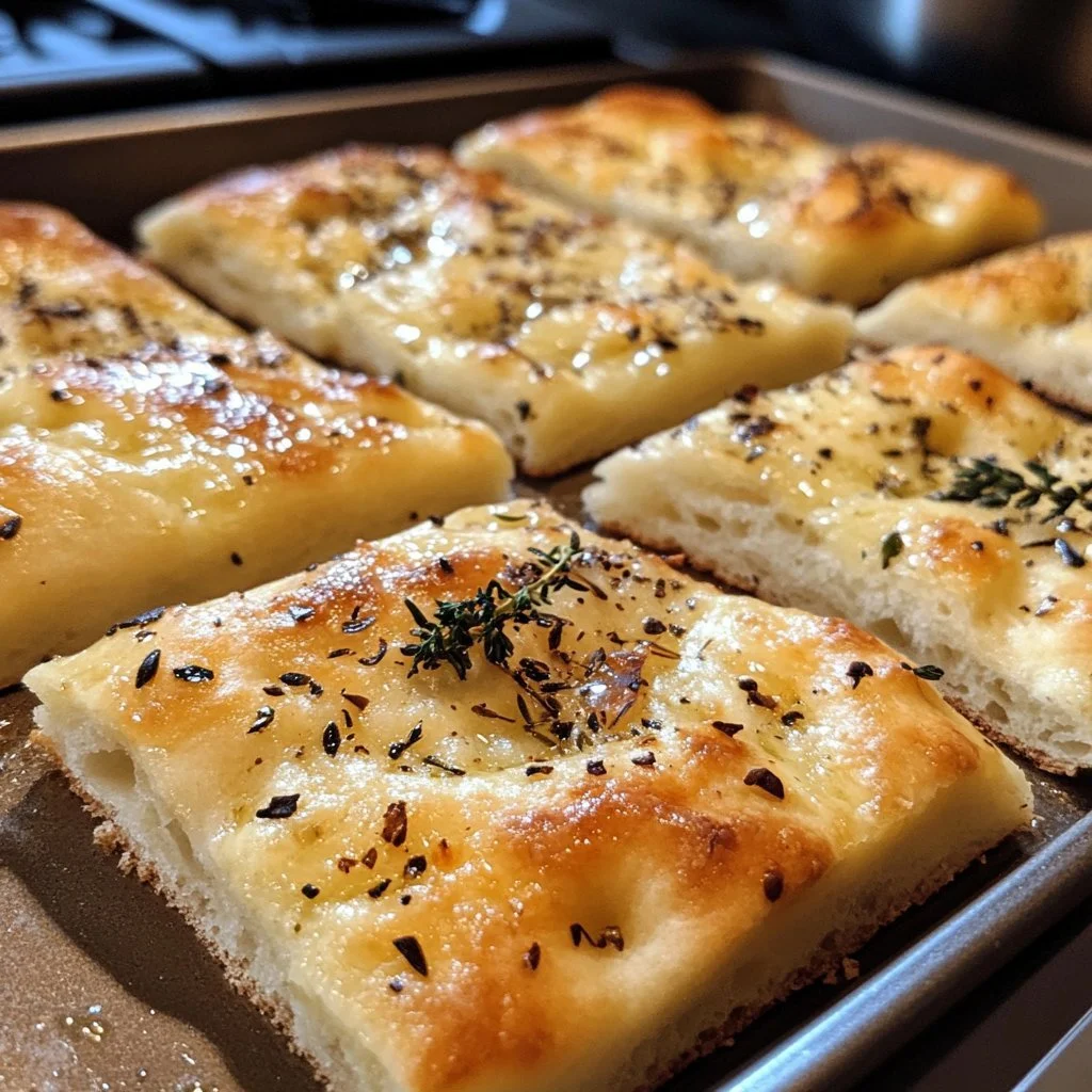Freshly baked focaccia with herbs and olive oil sprinkled on top.
