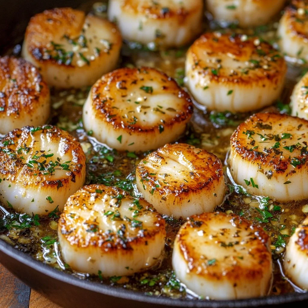 Delicious Garlic Butter Scallops plated with herbs and lemon slices.