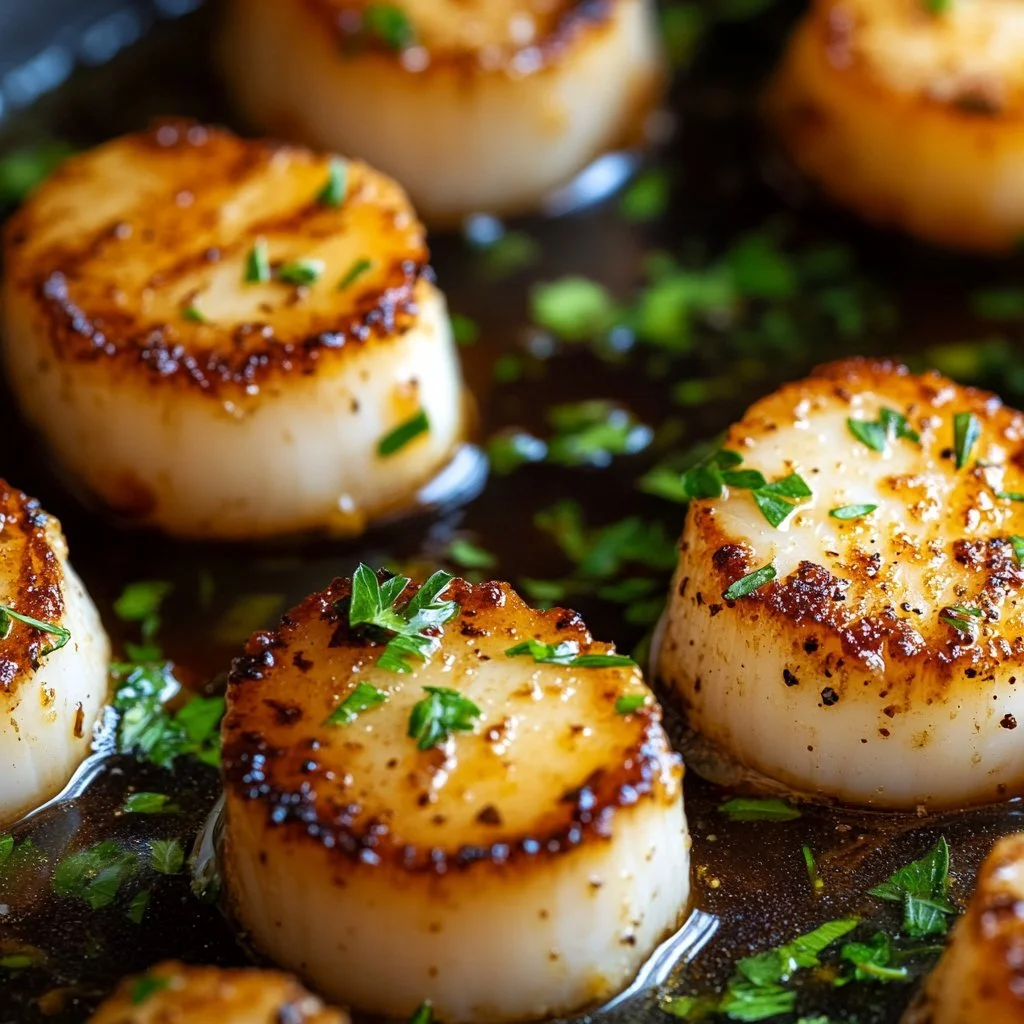 Delicious garlic butter scallops served on a plate with herbs.