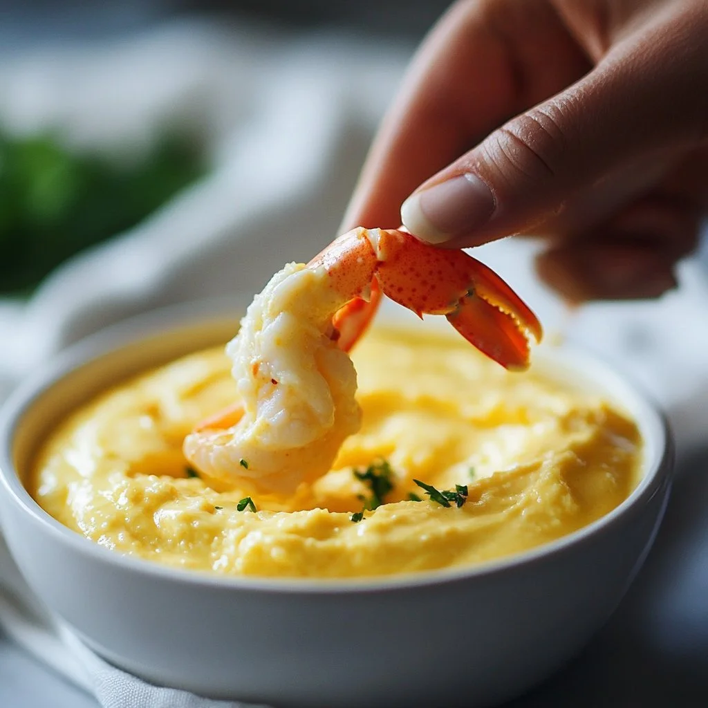 Garlic Butter Seafood Dip served in a bowl with a crusty baguette.