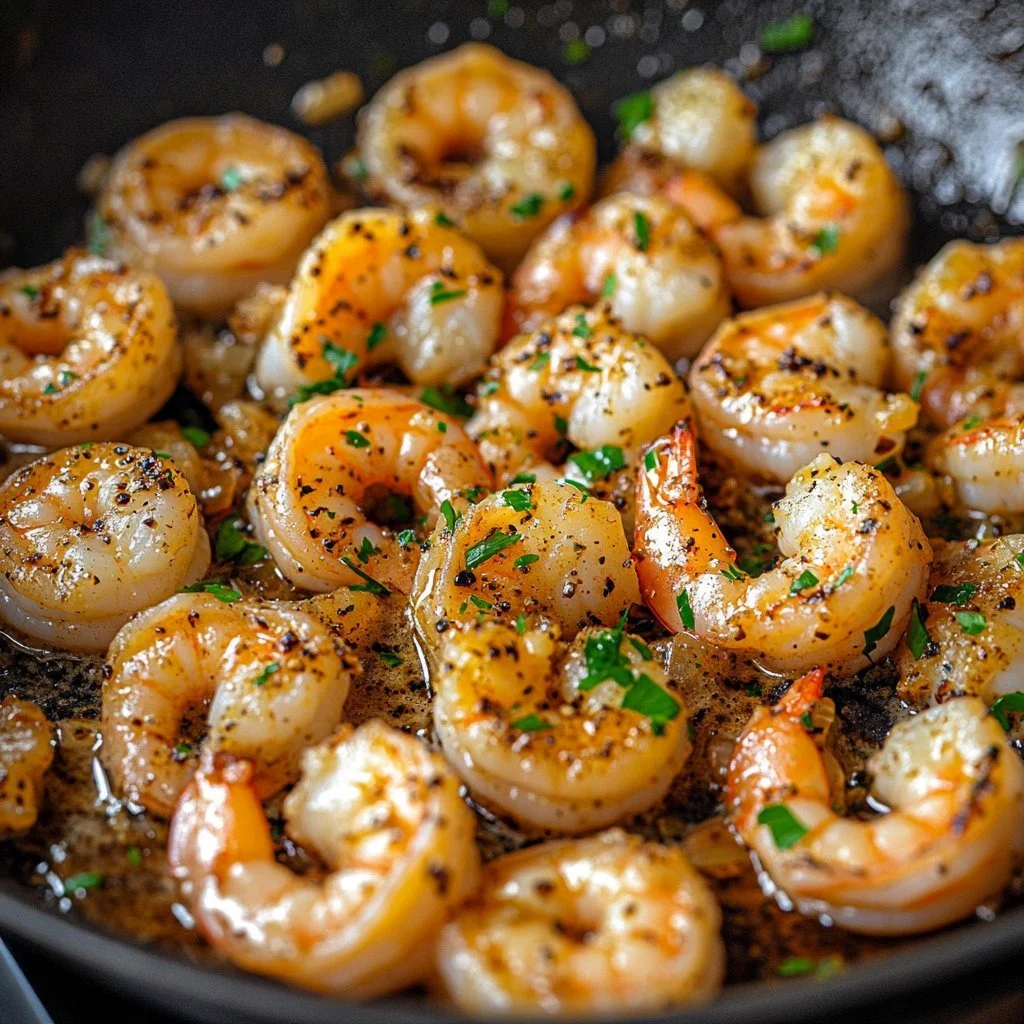 Plate of Garlic Butter Shrimp garnished with herbs