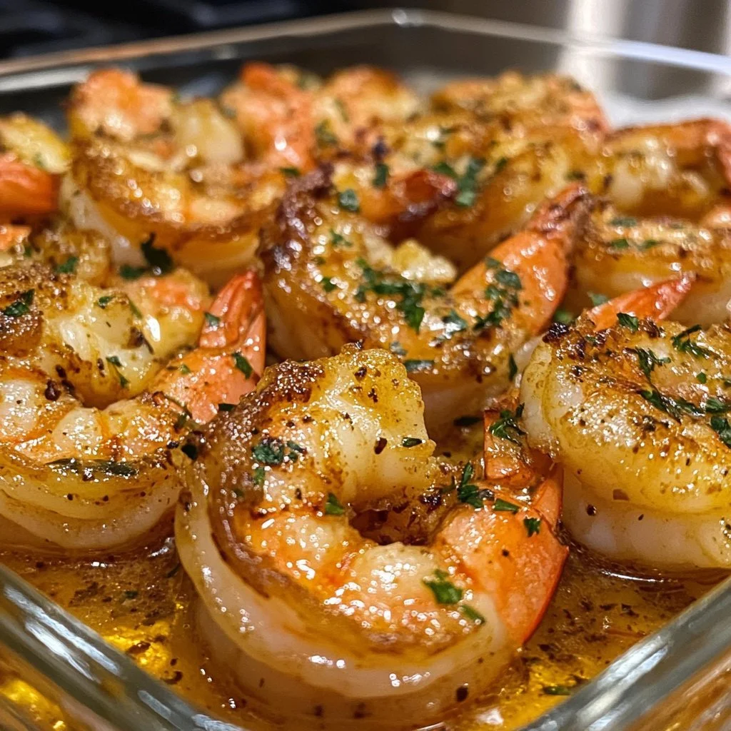 Garlic butter shrimp served with fresh herbs and lemon on a plate