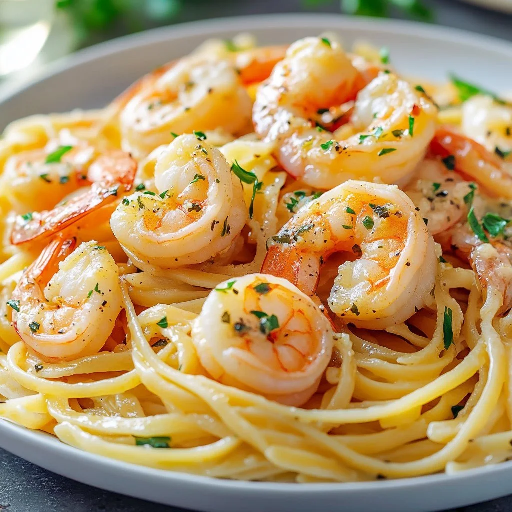 Delicious Garlic Butter Shrimp Pasta served in a bowl with fresh herbs.